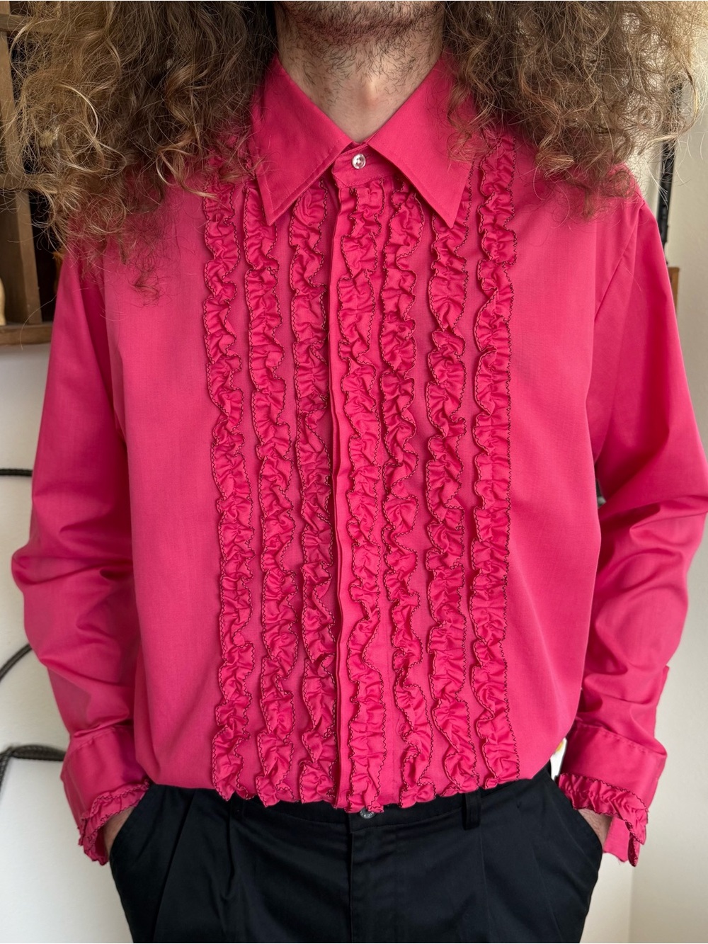 Vintage 70s Hot Pink Ruffled Tuxedo Disco Shirt Dagger Collar ~ Size Large